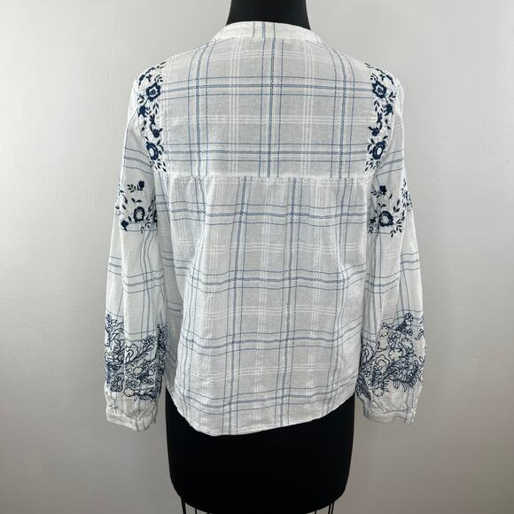 VERO MODA White & Blue Estella Long Sleeve Check Embroidered Top Popover S - Picture 5 of 7